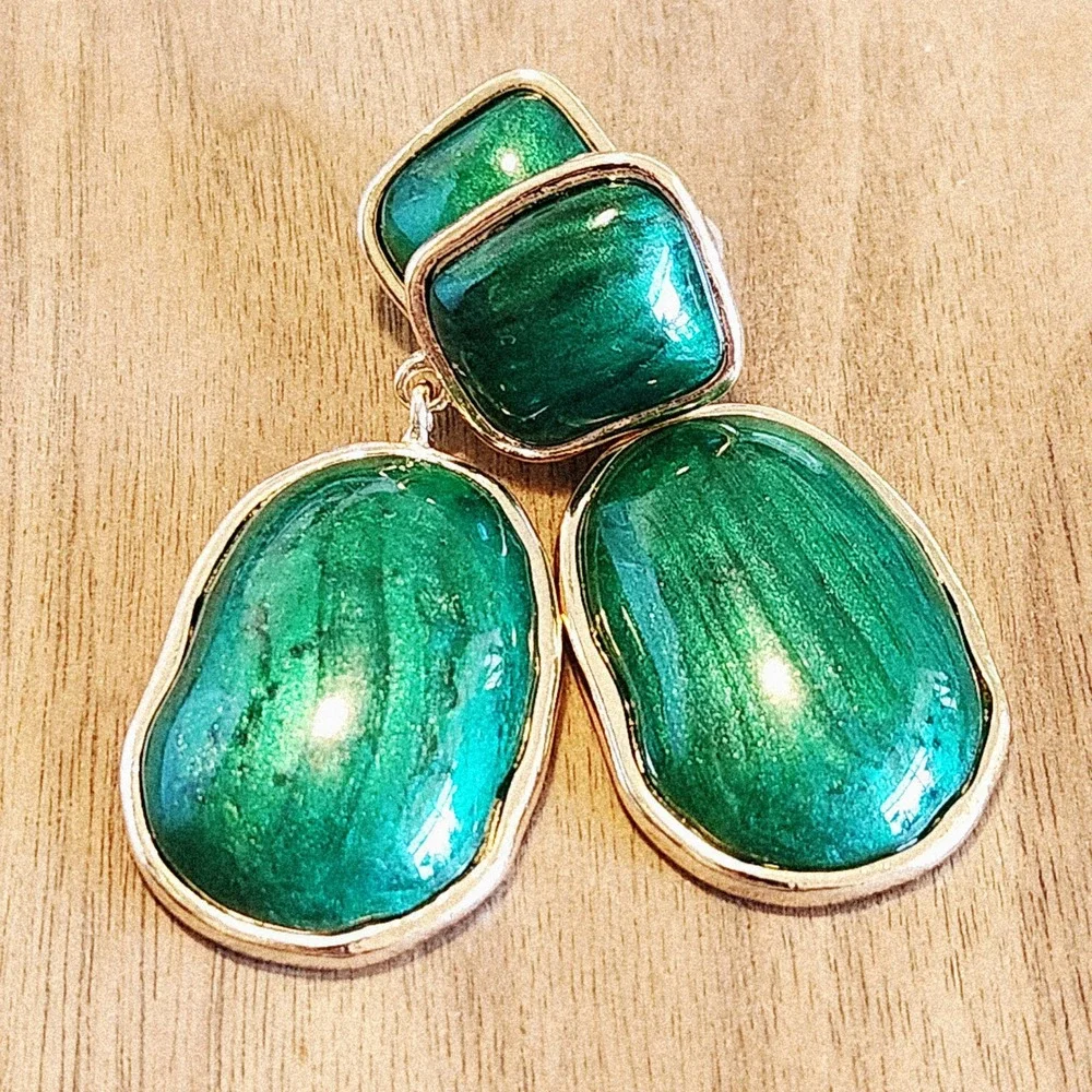 Emerald Green Gold Tone Marbled Resin Drop Statement Earrings Two Tier Dangle